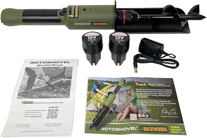 Rotoshovel Backwoods (w/spare battery) - Powered Handheld Shovel with Auger for Camping, Hunting & RV - 12 Volt Batteries (2) & Charger Included