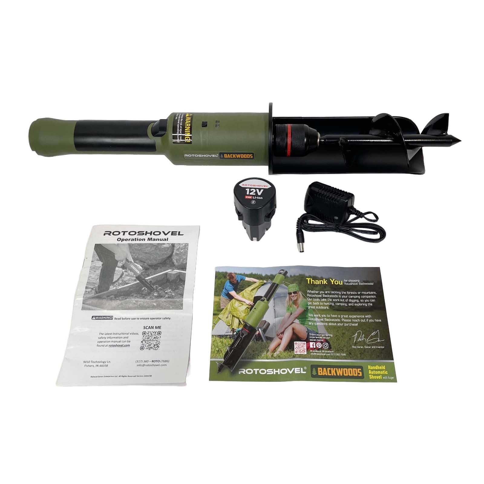 Rotoshovel Backwoods - Powered Handheld Shovel with Auger & Safety Shutoff for Camping, Hunting & RV - 12 Volt Battery & Charger Included